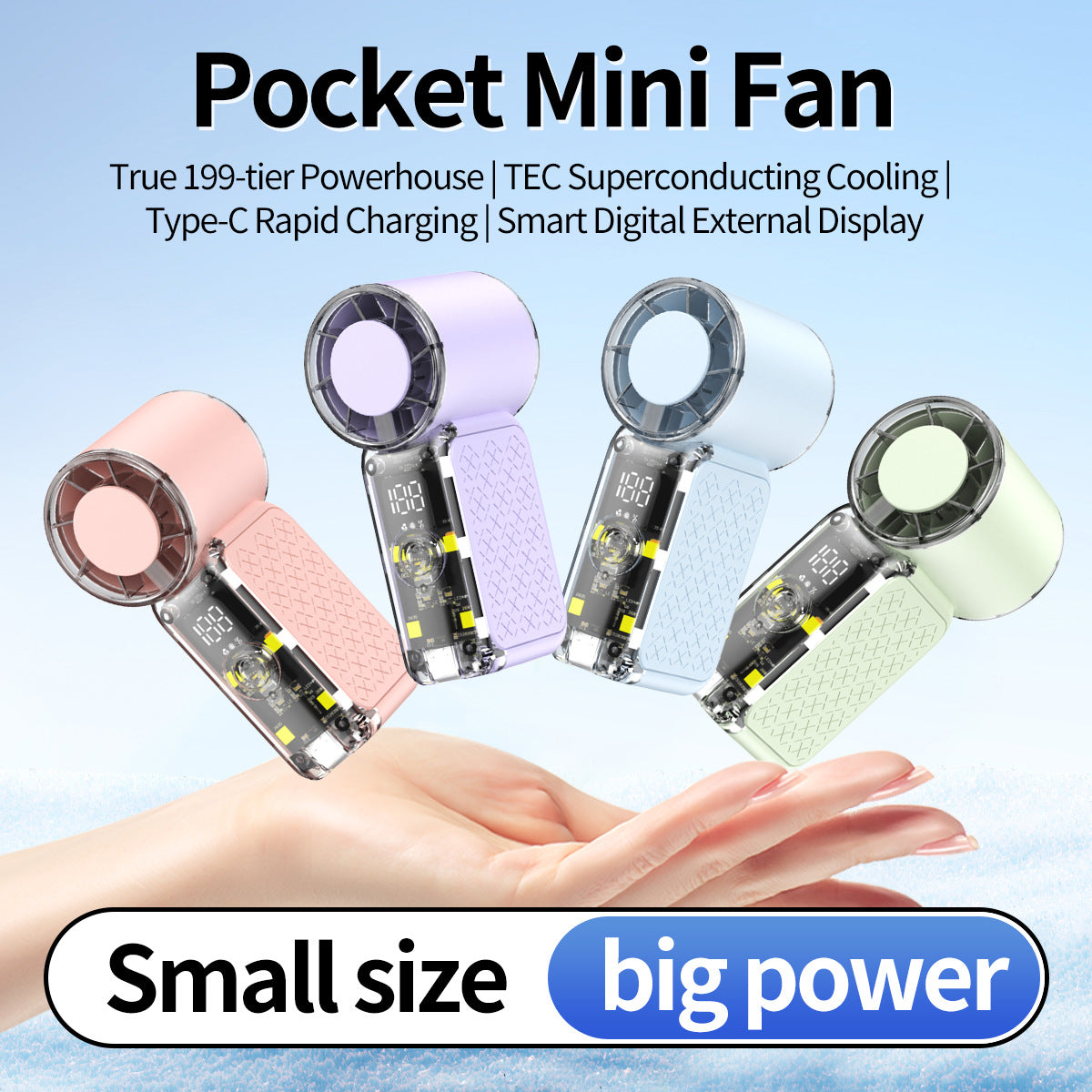 Unisex nan tragbarer handlicher transparenter Kühlschrankventilator mit intelligentem LED-Display und einstellbarem Hochgeschwindigkeitsluftstrom Brehn
