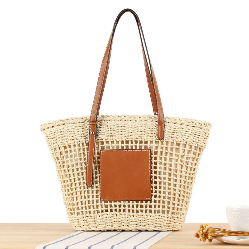 Geflochtene Basttasche mit Lederapplikation Brehn