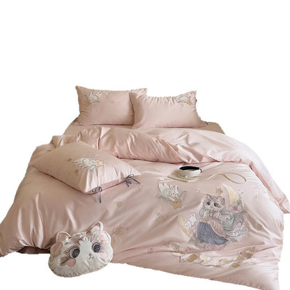 Launische bestickte Baumwollsatin-Bettbezug-Sets mit plüschigem Akzentkissen
