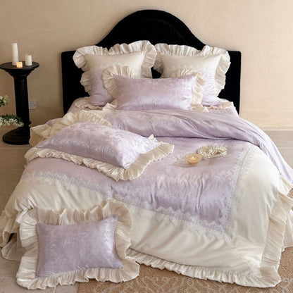 Luxuriöses Satin-Bettwäsche-Set mit Rüschen, Jacquard-Motiv und Spitzenbordüre