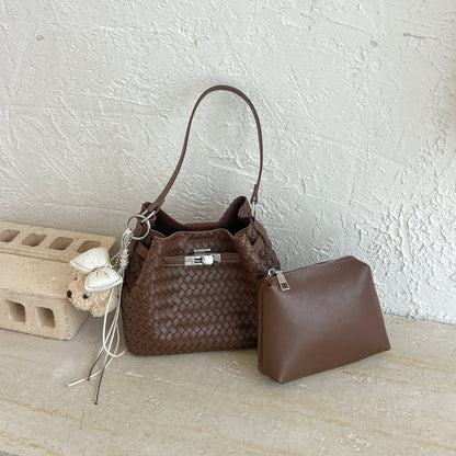 Woven Leather Bucket Tote Bag