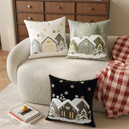 Winter Cottage Embroidered Plush Square Throw Pillow Cover with Hidden Zipper