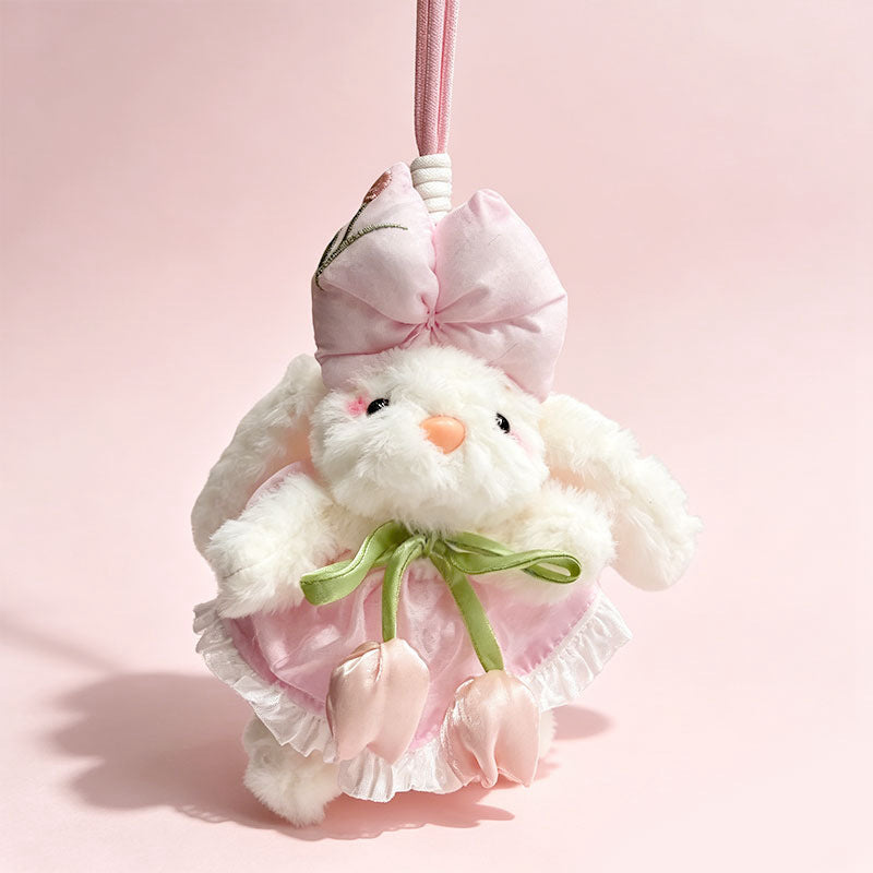 Plüsch Hase Taschenanhänger Schlüsselanhänger mit dekorativem Bogen und floralem Kleid Brehn