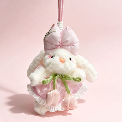 Plüsch Hase Taschenanhänger Schlüsselanhänger mit dekorativem Bogen und floralem Kleid Brehn