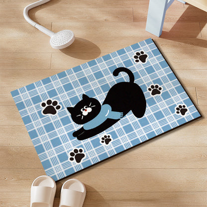 Plush Absorbent Non-Slip Bathroom Door Mat with Cartoon Stretching Cat and Paw Print
