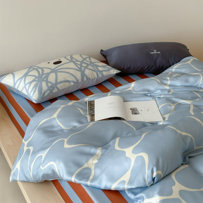 Luxuriöses Satin-Bettwäsche-Set mit floralem Aquarellprint, Volantkanten und Wendefunktion