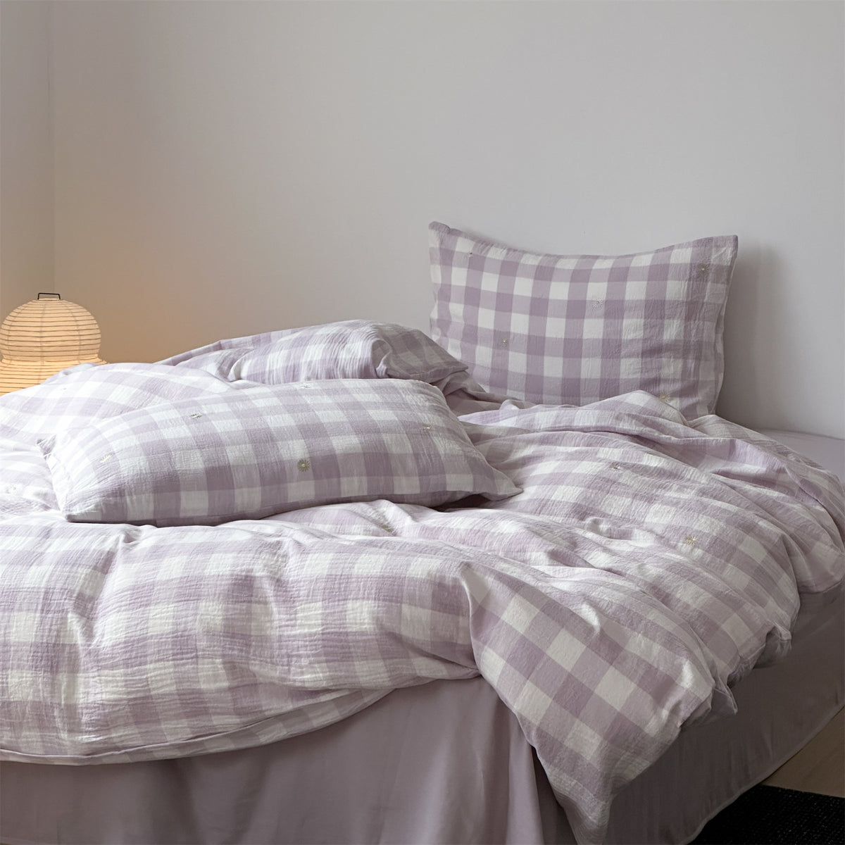 Bettbezug-Set aus leichter Baumwoll-Musselin mit kariertem Struktur- und Zierstickdesign