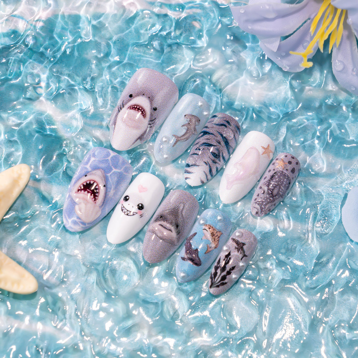 Marine Life-Themed Press-On Nail Art Set