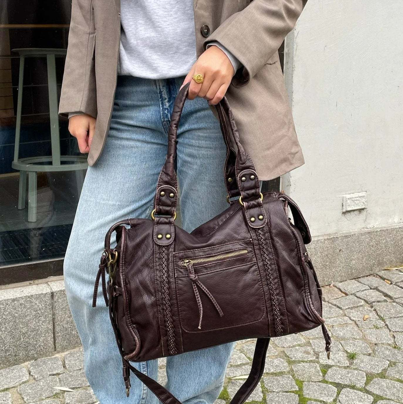 Damen Schultertasche PU-Leder geräumig mit Laptopfach und verstellbarem Schulterriemen | Brehn
