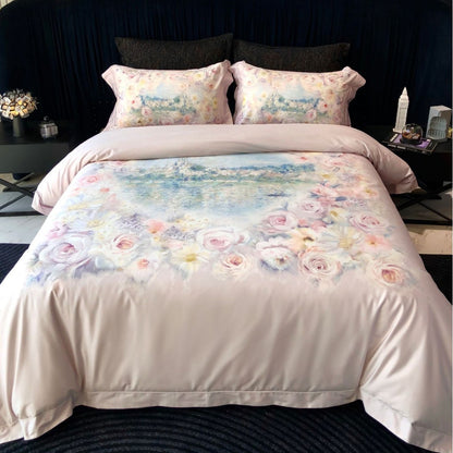 Floral Watercolor Satin-Feel Bettbezug Set mit wendbarem einfarbigen Rücken und Kissenbezügen
