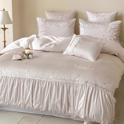 Bestickte Satin-Feel Rüschende Bettbezug Set mit Dekorativen Kissenbezügen