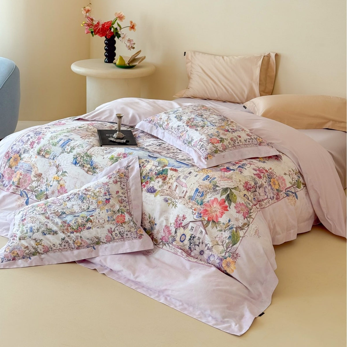 Umkehrbare Baumwollsatin Bettbezugset mit romantischem Aquarelldorf-Blumenmuster und Oxford-Kissenbezügen