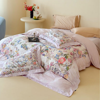 Umkehrbare Baumwollsatin Bettbezugset mit romantischem Aquarelldorf-Blumenmuster und Oxford-Kissenbezügen