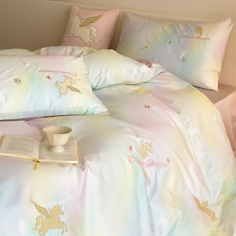 Kinder-Bettwäsche-Garnitur mit Einhorn-Print, Pastell-Verlauf und Baumwollsatin Brehn