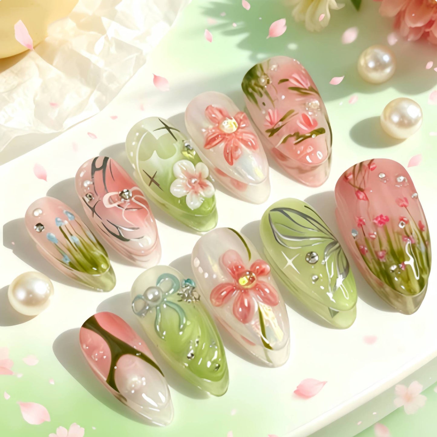 Künstlerisches Blumen Design Press-On Nagelset Brehn