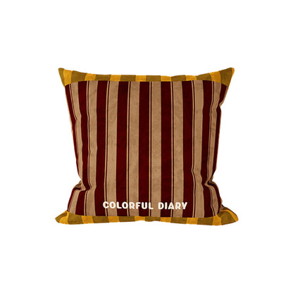 Striped Velvet Square Throw Pillow Cover with Contrast Border and Embroidered Slogan