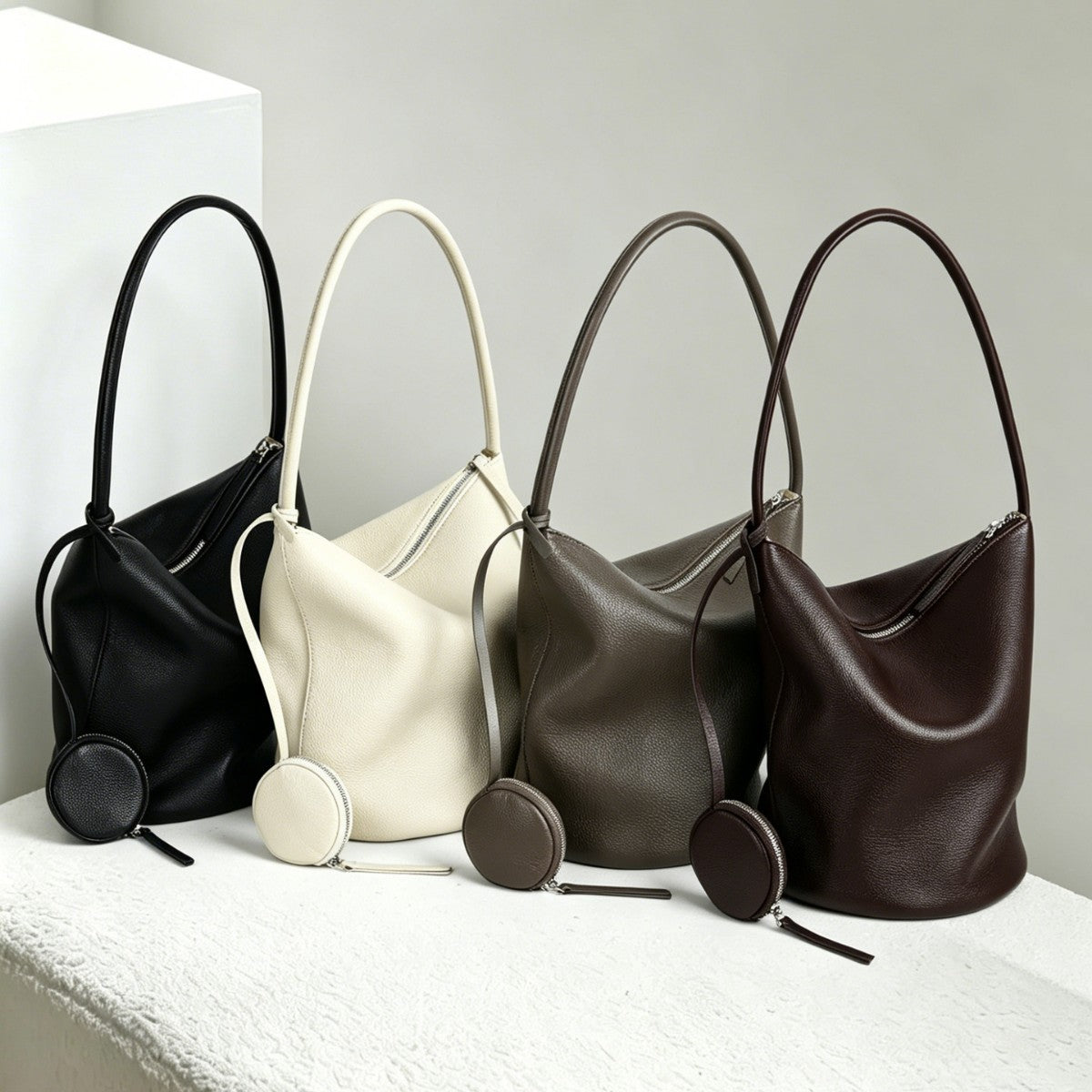 Schluffige genarbte Bucket Hobo Tasche mit gebogenem Reißverschluss und abnehmbarem Münzbeutel