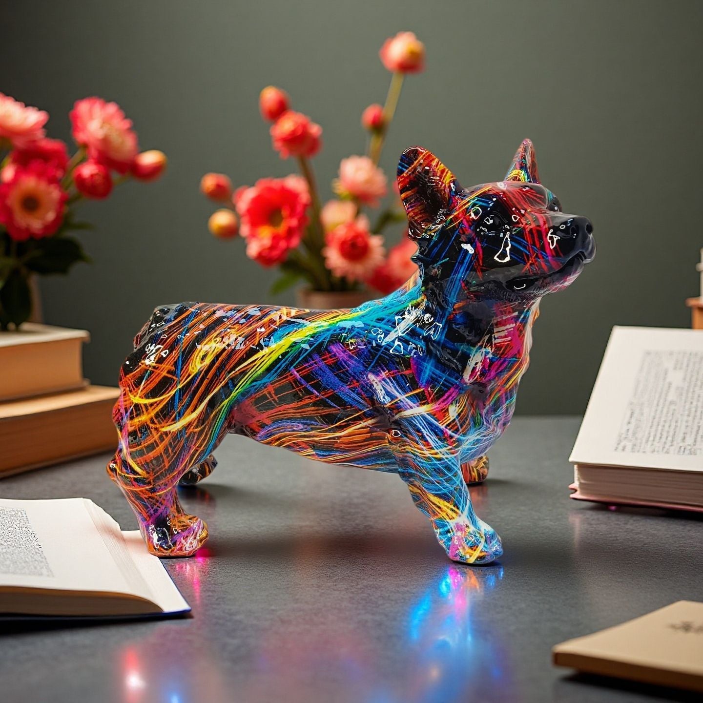 Bunte Dekofigur eines Welsh Corgis Brehn