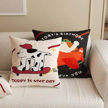Square Decorative Throw Pillow Cover with Cute Cartoon Cat Illustration and Vertical Pink Stripe Linen-Blend