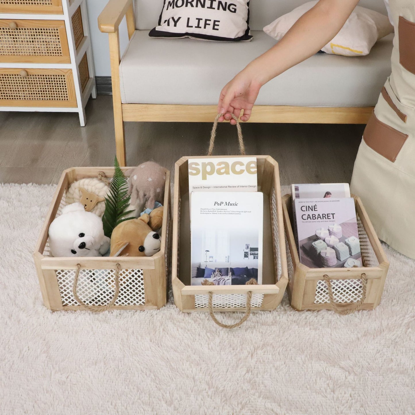 Offenes Aufbewahrungskorb mit Naturfaser und Raffia-Bedeckung