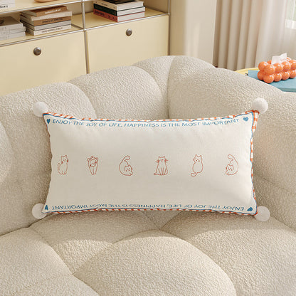 Rectangular Argyle-Pattern Lumbar Pillow Cover with Embroidered Slogan, Cat Motifs and Pom-Pom Corners
