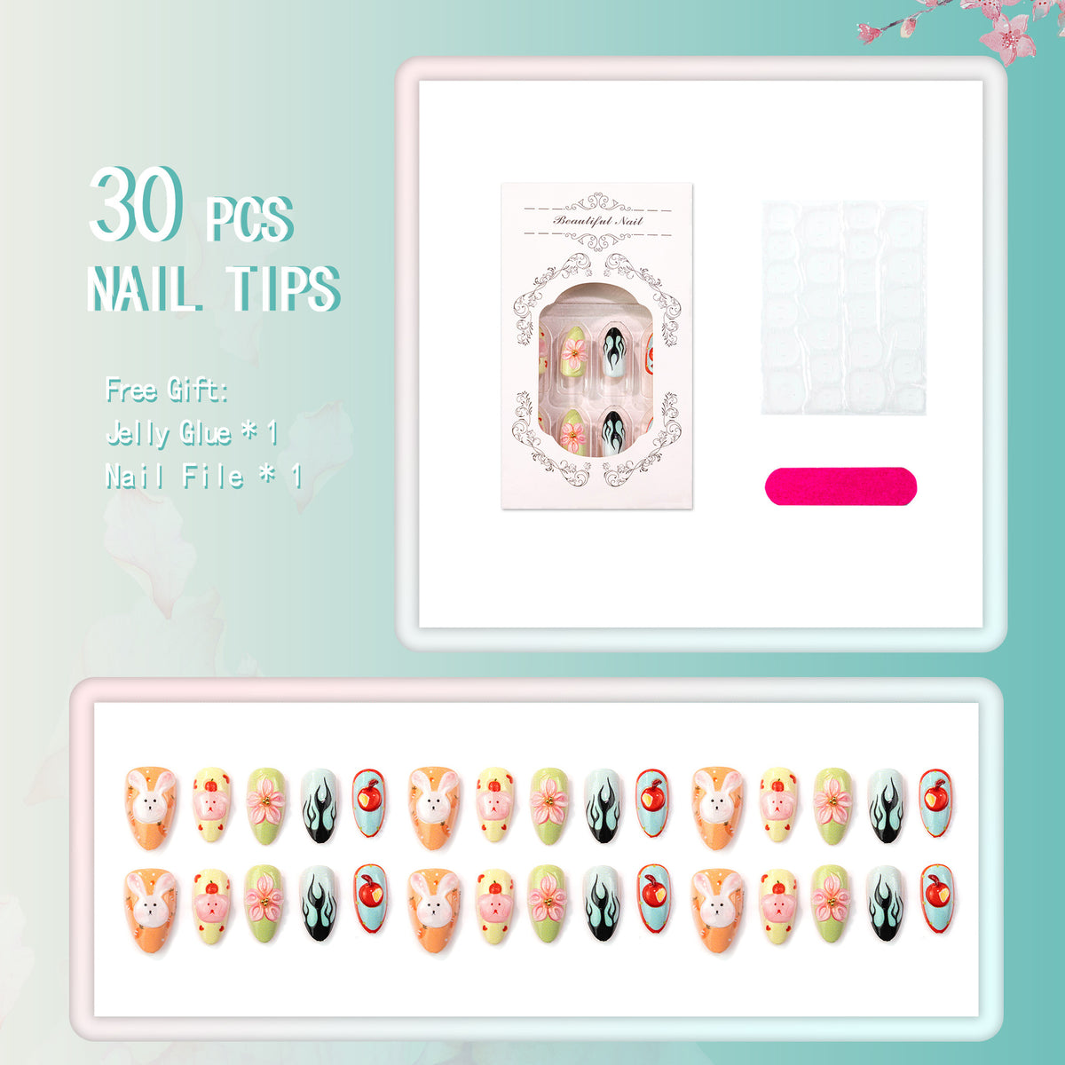 Verspieltes Kaninchen und Blumen Press-On Nagelkunst Set