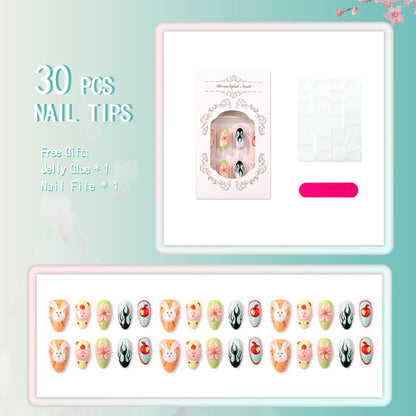 Verspieltes Kaninchen und Blumen Press-On Nagelkunst Set