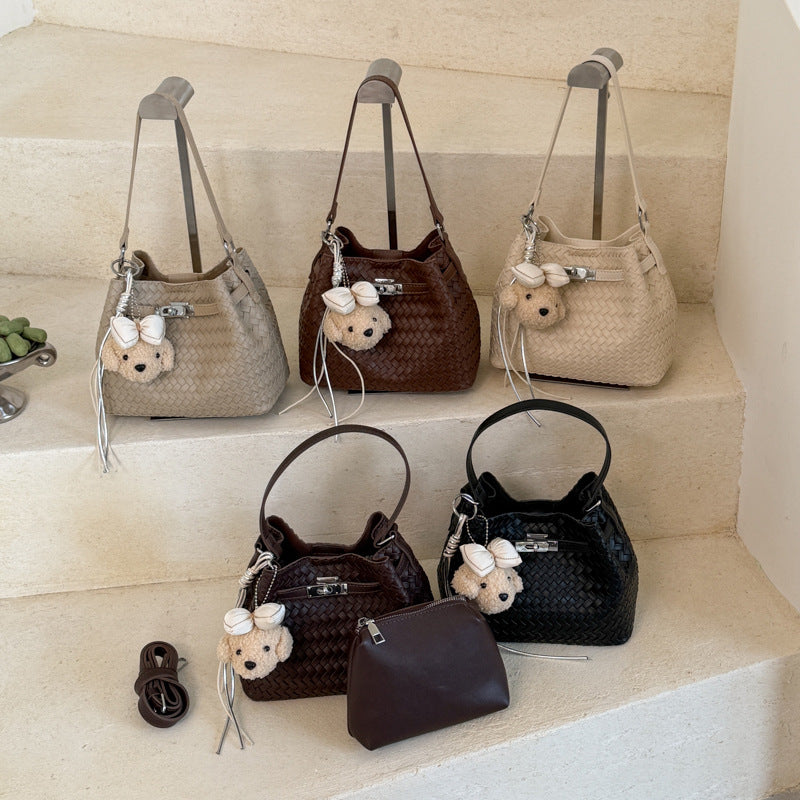 Woven Leather Bucket Tote Bag
