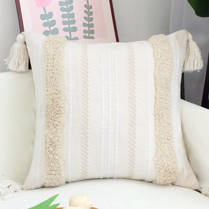 Quadratischer Boho-Kissenbezug mit handgewebter Struktur, Chenille‑Bordüren und Eckquasten Brehn