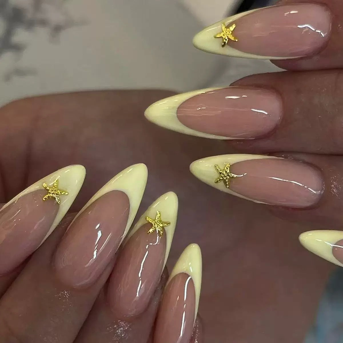 Kunstnagelset mit eleganten Spitzen und goldenen Verzierungen Brehn