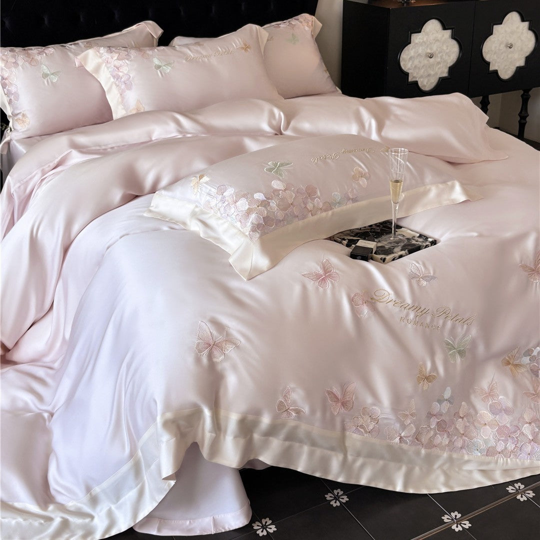 Seidiger Satin bestickter Schmetterling Bettbezug & Kissenbezug Set