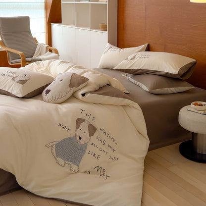 Kinderbettwäsche-Set mit bestickten Hunde-Motiven und extraweichem Baumwollsatin