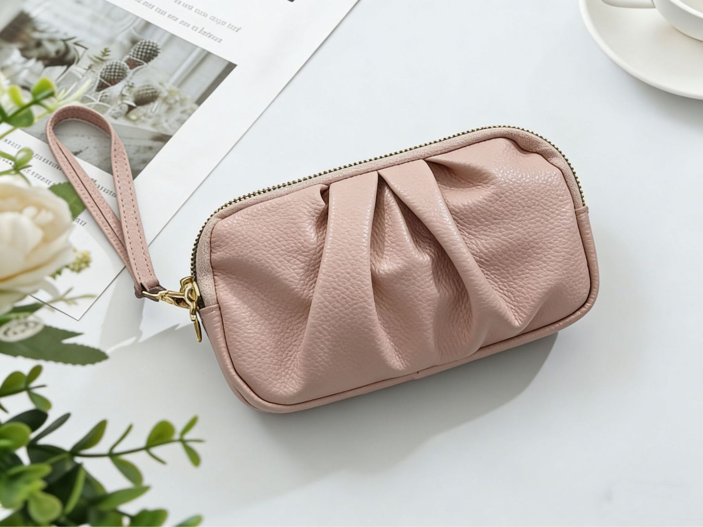 Strukturierte Leder Reißverschluss Clutch Geldbörse Brehn