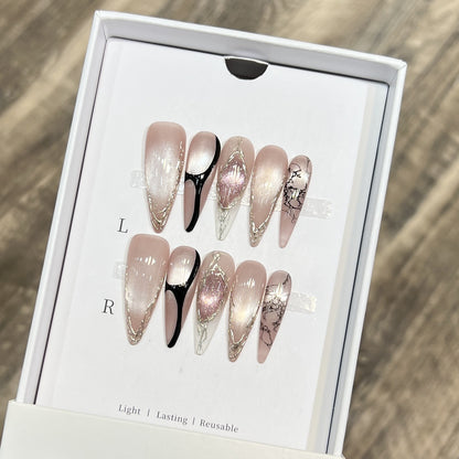 Künstlerisches Stiletto Press-On Nagelset mit einzigartigem Marmor Design Brehn