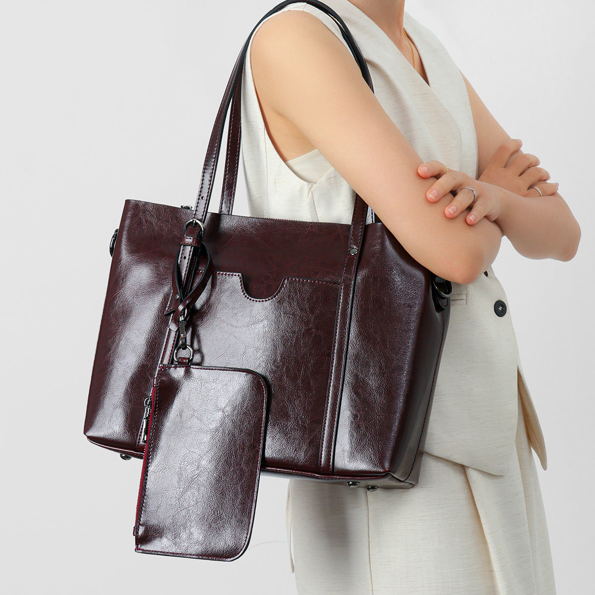 Strukturiert Leder-Optik Tote Bag mit abnehmbarem Beutel