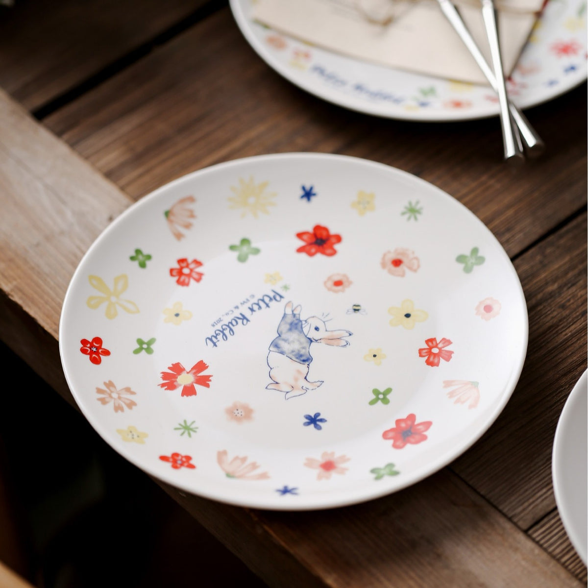 Kinder-Teller aus Porzellan mit Hasenillustration und Blumendekor