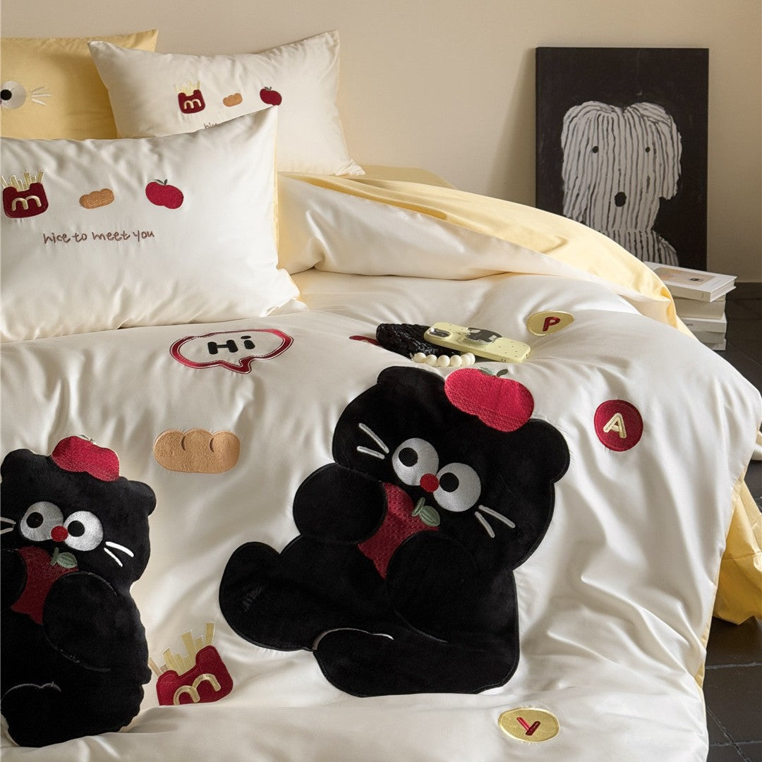 Cartoon Applikation Plüsch Katze Bettdeckenbezug Set mit Micro-Satin Wendeseite & Kopfkissenbezügen
