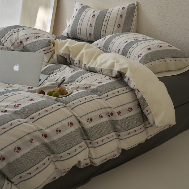 Wendbares Baumwoll-Percale Gestreiftes Floral Bettbezugset mit Kissenbezügen