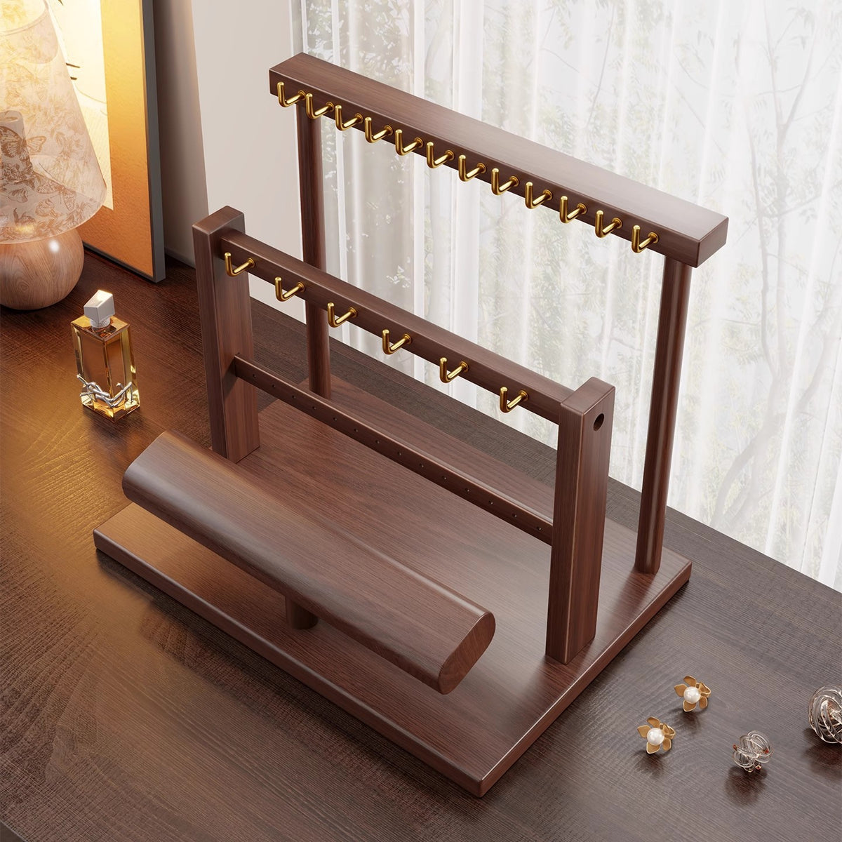 Holz-Dual-Tier-Schmuck-Organizer-Ständer mit Halskettenhaken und Armband-Präsentationsstange