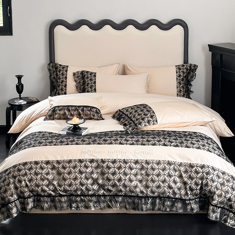 Luxuriöses Wendbares Baumwollsatin-Bettwäscheset mit Jacquard-Bordüre und Volant