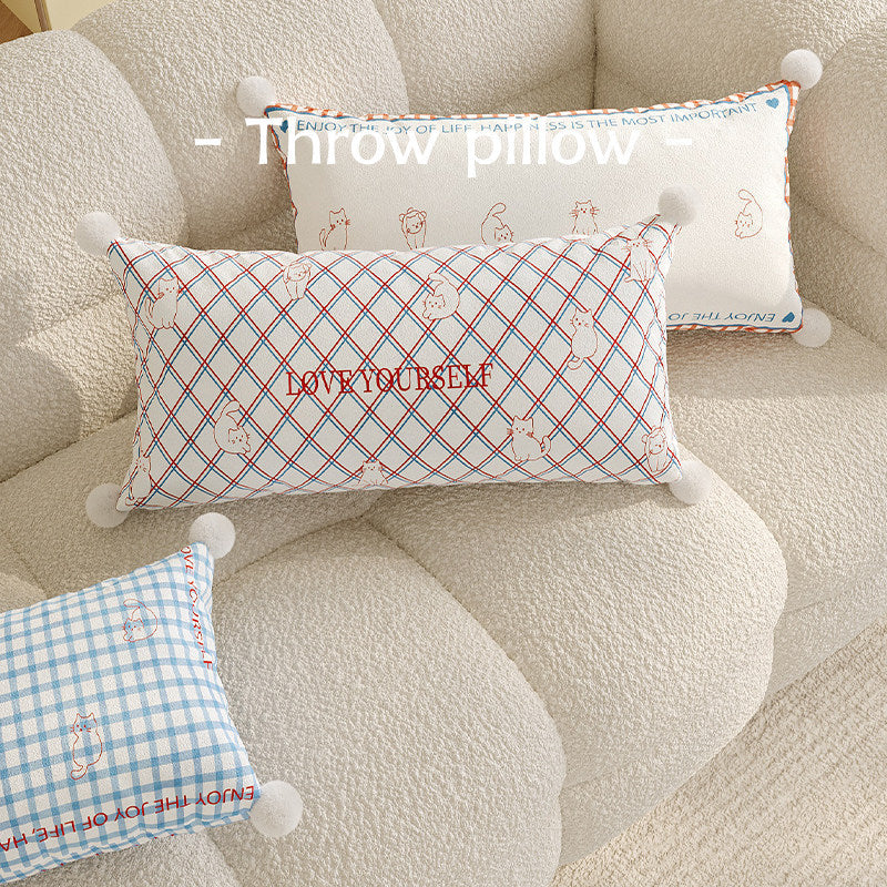 Rectangular Argyle-Pattern Lumbar Pillow Cover with Embroidered Slogan, Cat Motifs and Pom-Pom Corners