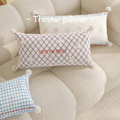 Rectangular Argyle-Pattern Lumbar Pillow Cover with Embroidered Slogan, Cat Motifs and Pom-Pom Corners