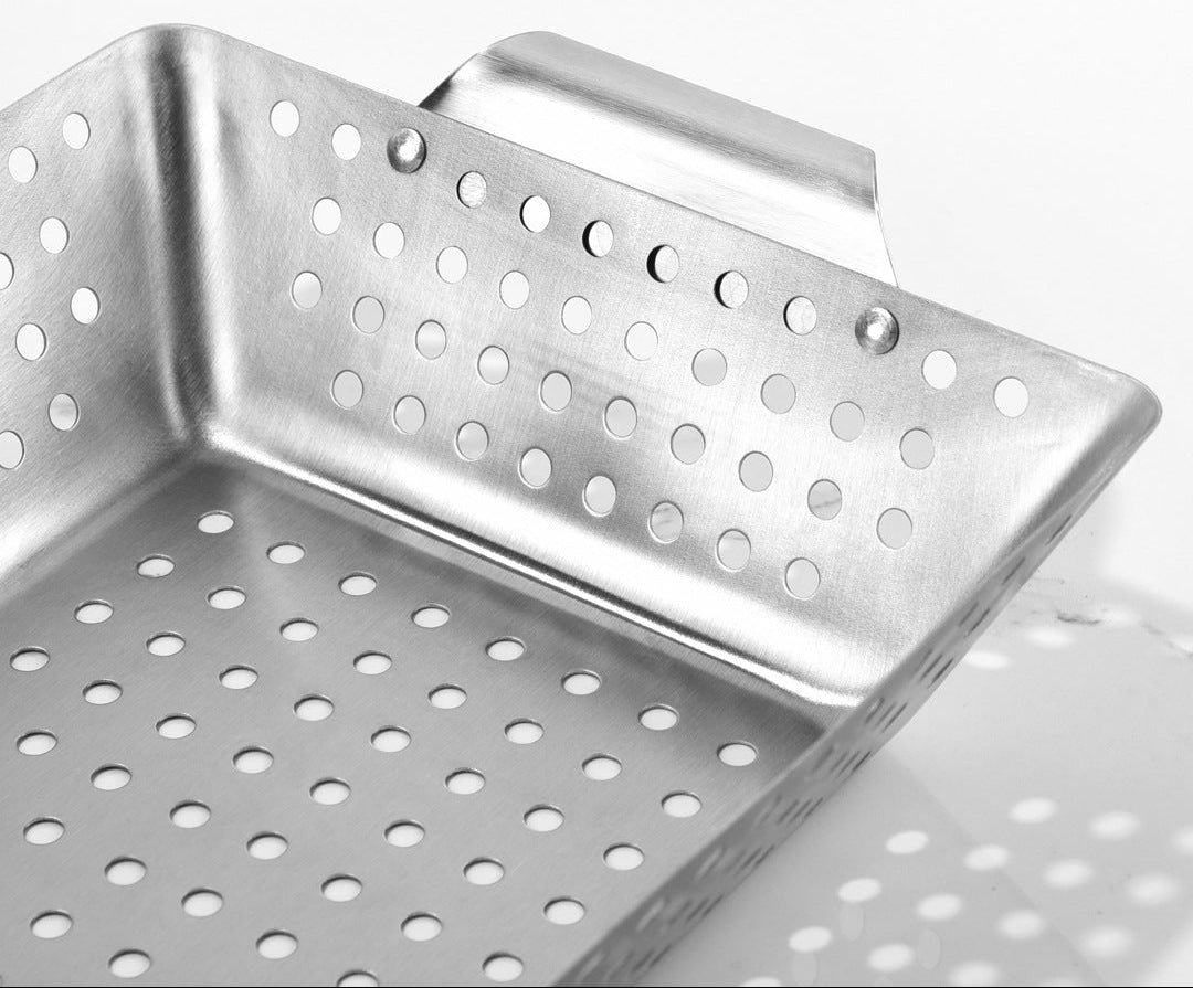 Quadratischer Perforierter Edelstahl-Grillkorb Für Gemüse und Meeresfrüchte mit Klappbaren Auflagegriffen Brehn