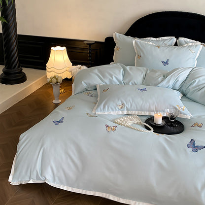 Luxuriös besticktes Schmetterling Baumwollsateen Bettbezug Set