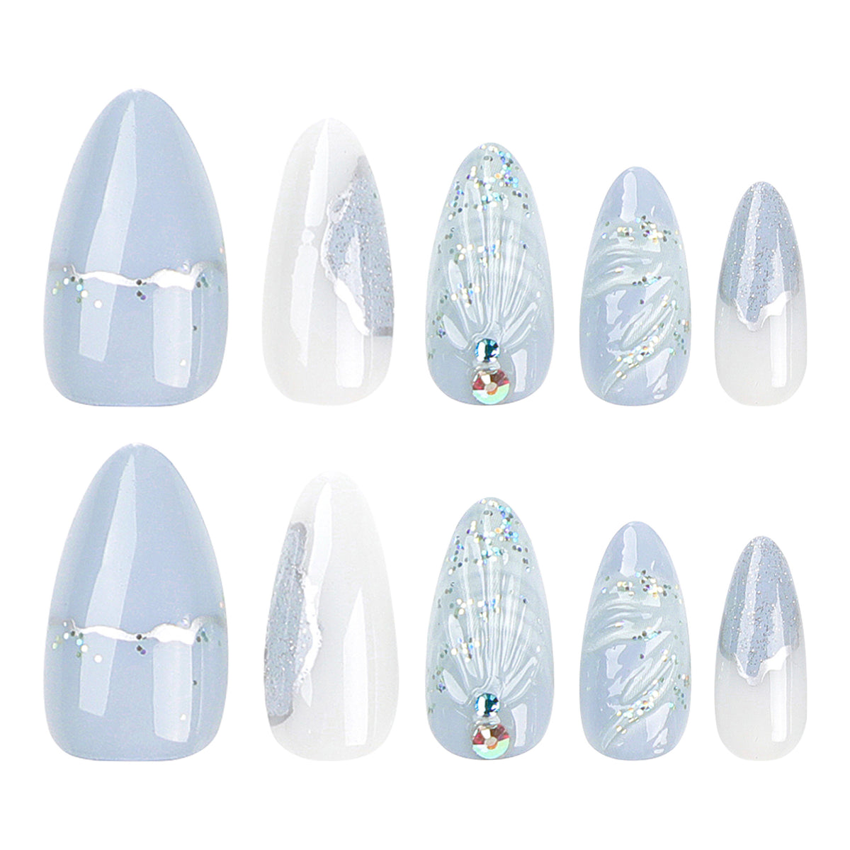 Kunstvolle Stiletto-Nägel mit eleganten Glitzer- und floralem Design Brehn