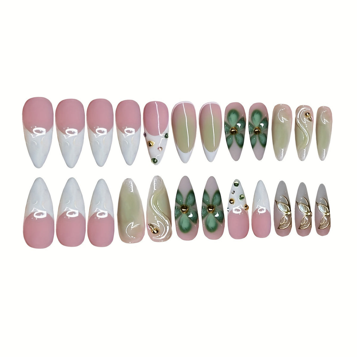 Künstlerisches Press-On Nageldesign mit floralen Elementen Brehn