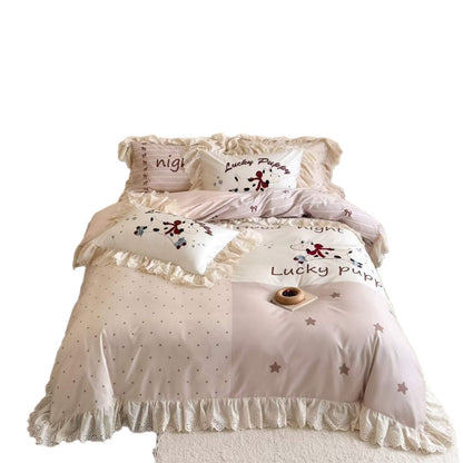 Volant Baumwoll Bettbezug Set mit besticktem Welpenmotiv