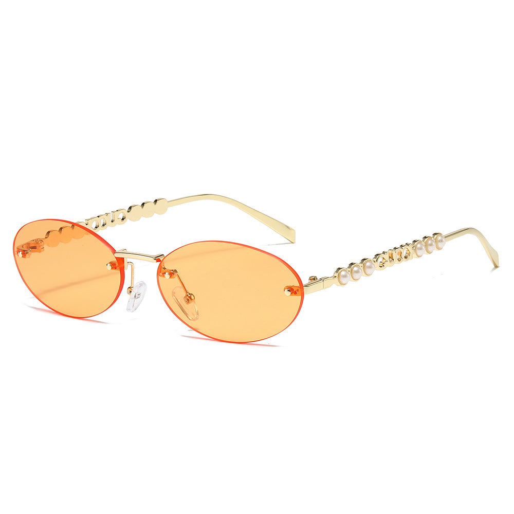 Damen modische Sonnenbrille mit ovalem Rahmen und perlenverzierten Bügeln Brehn