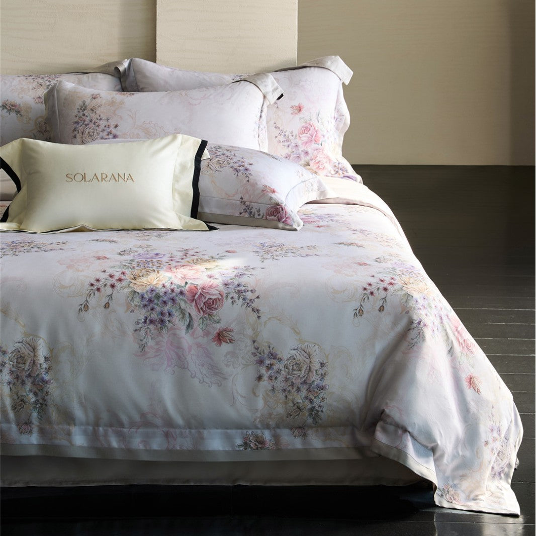 Florales Satin-Effekt Baumwollsatin Bettbezugset mit dekorativen Kissenbezügen