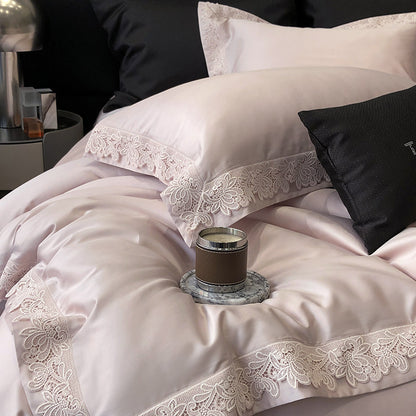 Luxuriöses Satin-Bettbezug-Set mit Spitzenbesatz